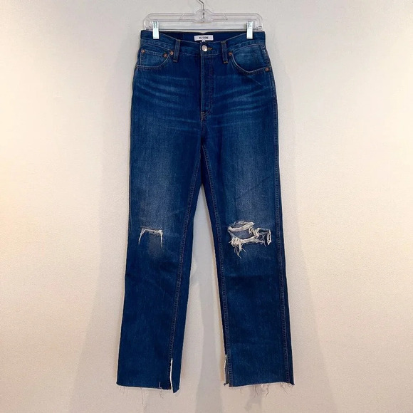 Re/Done 90s High Rise Loose Distressed High Waist Blue Designer Denim Jeans 27 - Picture 2 of 12